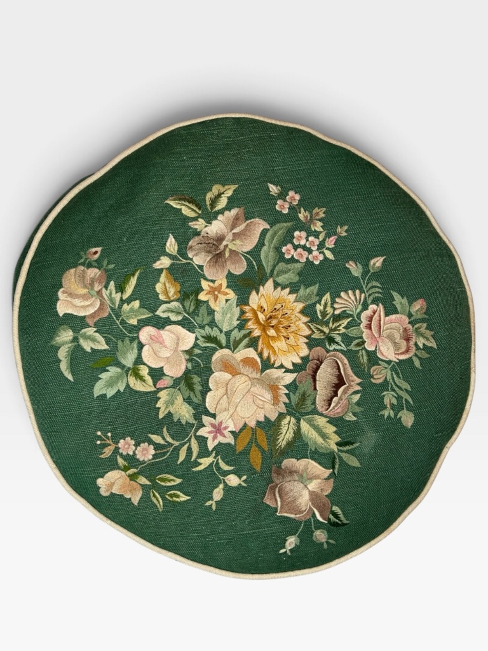 Vintage needlepoint green floral round down filled cushion accent pillow
